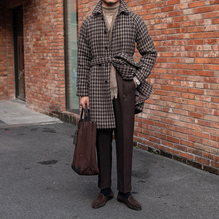 Manteau en laine Balmacaan à motif pied-de-poule pour homme Café