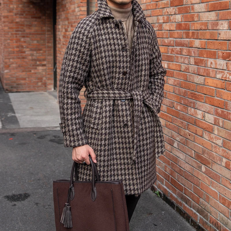 Manteau en laine Balmacaan à motif pied-de-poule pour homme Café