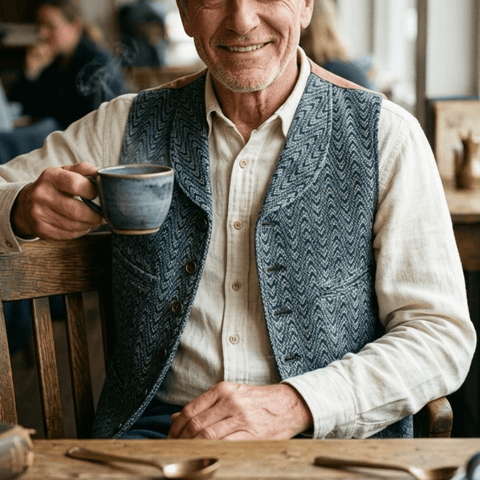 メンズ インディゴ ショールカラー ジャカード ベスト