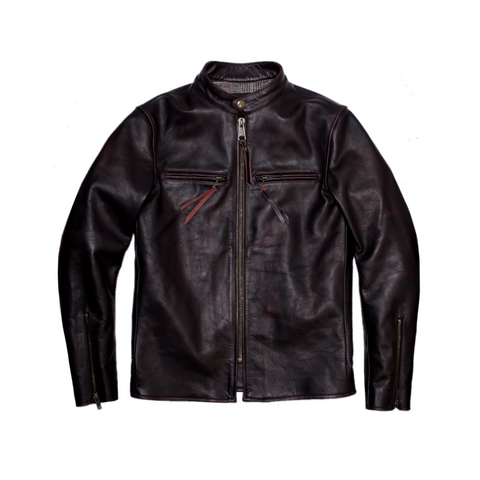 A black motorcycle leather jacket with a stand collar, zipper closure, and zippered chest pockets. It features red accent color on the zippers and lining.