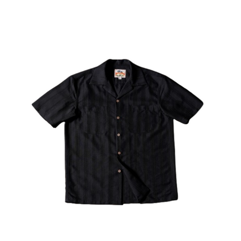 Men's black striped camp shirt with a classic collar and two chest pockets, displayed against a white background.