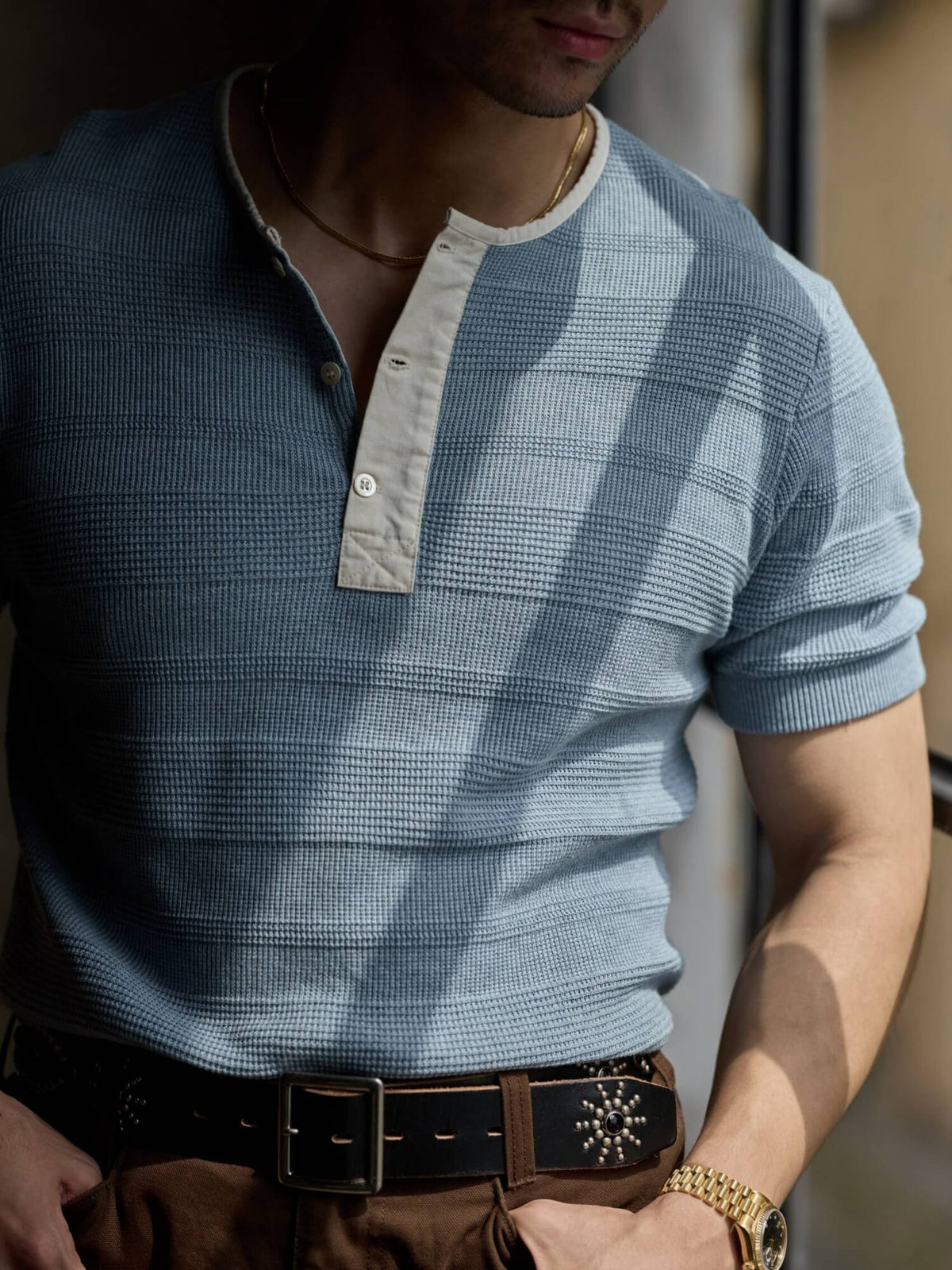 Men's Jacquard Henley Shirt, Short Sleeve
