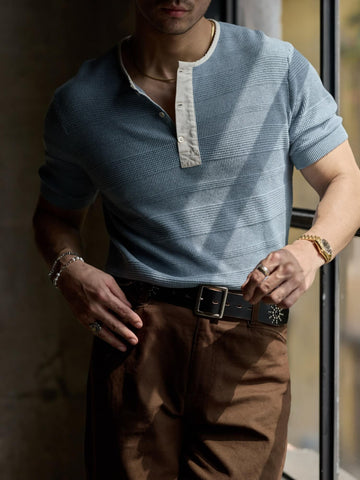 Men's Jacquard Henley Shirt, Short Sleeve
