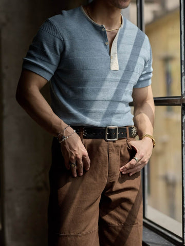 Men's Jacquard Henley Shirt, Short Sleeve