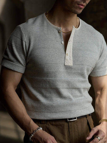 Men's Jacquard Henley Shirt, Short Sleeve