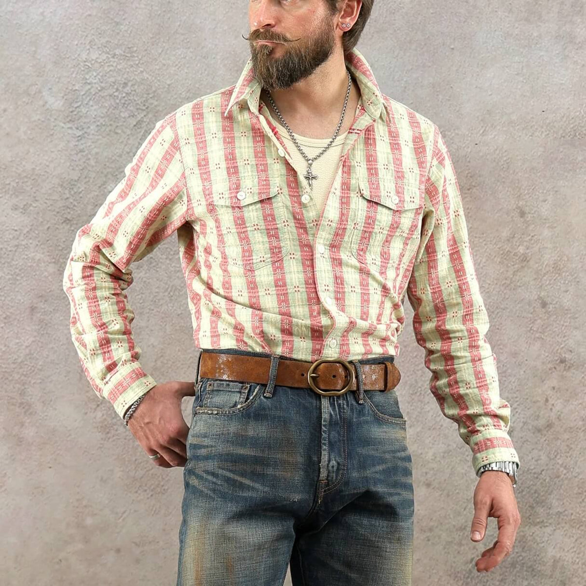 Men's Jacquard Red & Green Striped Shirt