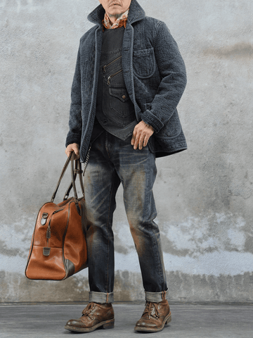 Men's Jacquard Sashiko Chore Jacket, Charcoal Black