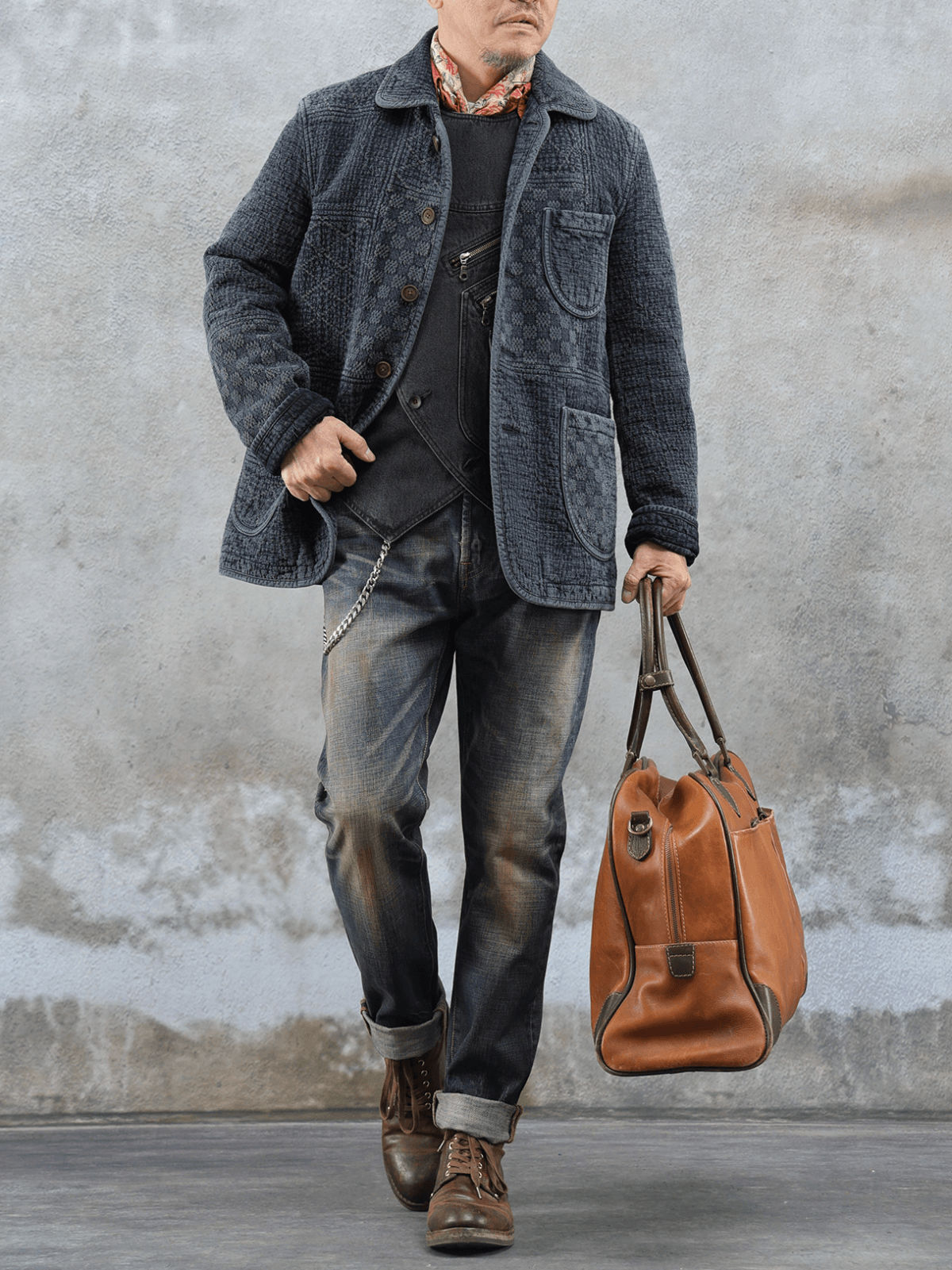 Men's Jacquard Sashiko Chore Jacket, Charcoal Black