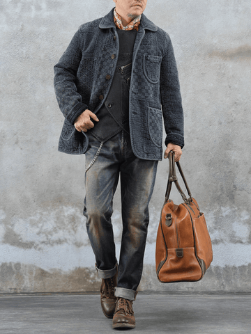 Men's Jacquard Sashiko Chore Jacket, Charcoal Black