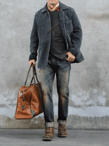 Men's Jacquard Sashiko Chore Jacket, Charcoal Black