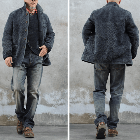 Men's Jacquard Sashiko Chore Jacket, Charcoal Black