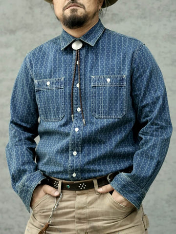 メンズ ジャカード インディゴ染め ウエスタンデニムシャツ