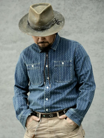 メンズ ジャカード インディゴ染め ウエスタンデニムシャツ