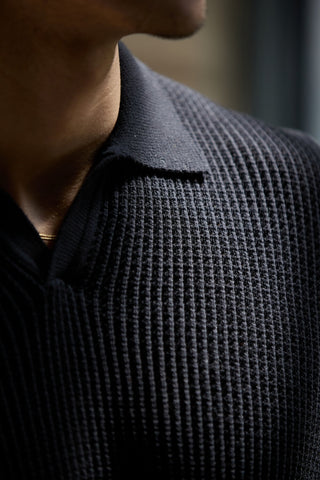 Men's Waffle V-neck Polo, Short Sleeves