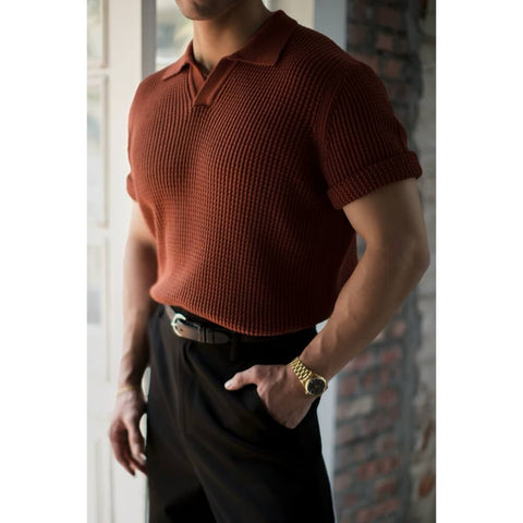 Men's Waffle V-neck Polo, Short Sleeves