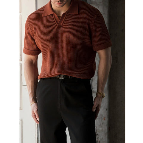 Men's Waffle V-neck Polo, Short Sleeves