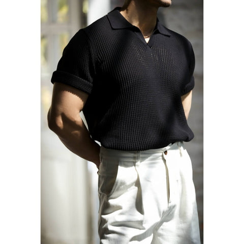 Men's Waffle V-neck Polo, Short Sleeves