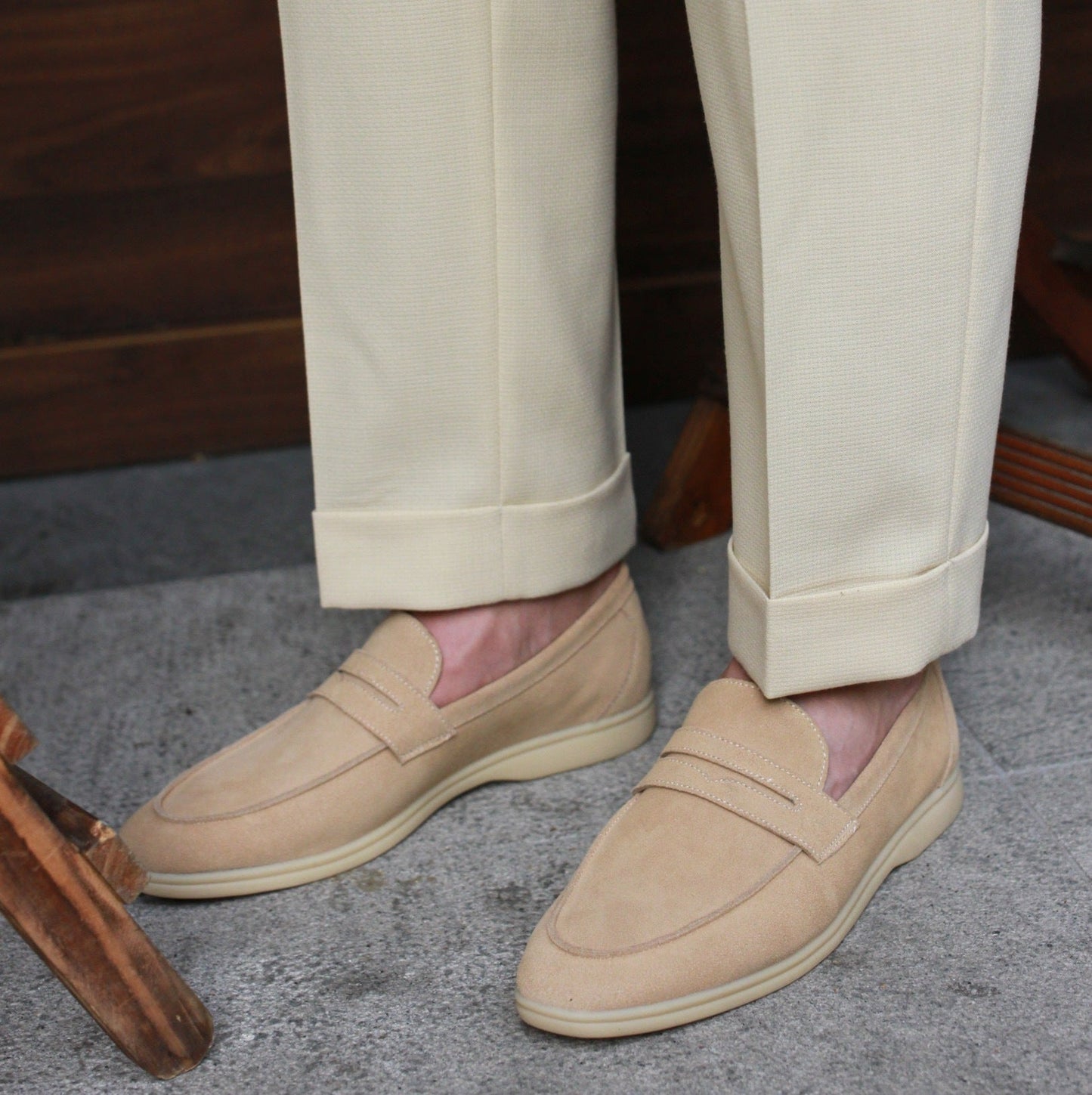 Khaki Suede Penny Loafers