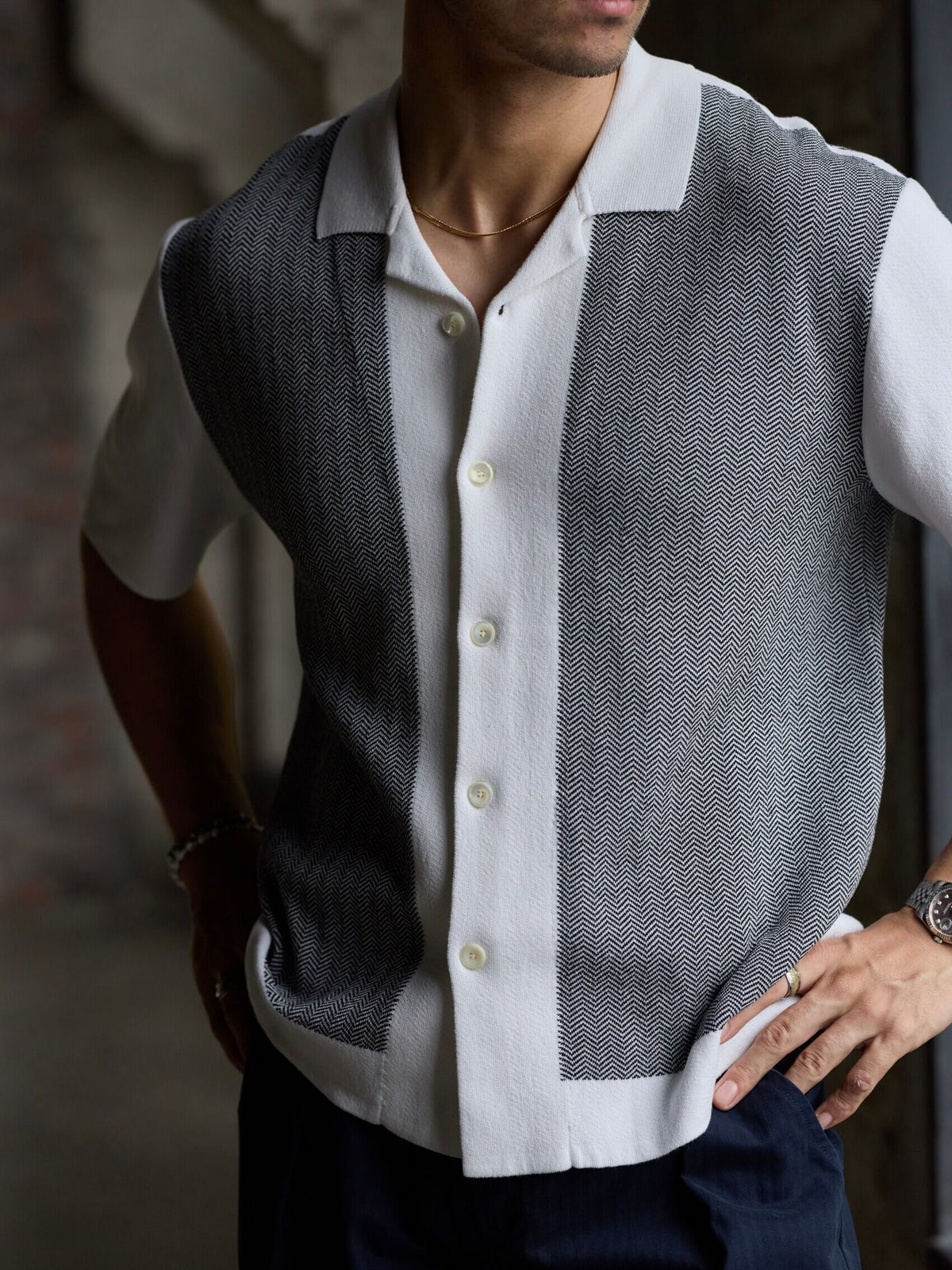 Men's Knitted Short-Sleeve Cardigan, Black & White Color-Blocked