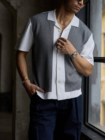 Men's Knitted Short-Sleeve Cardigan, Black & White Color-Blocked