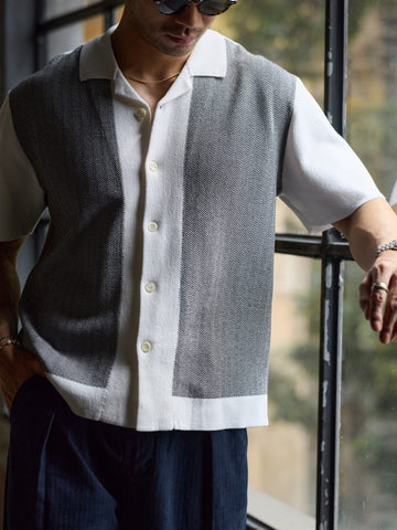Men's Knitted Short-Sleeve Cardigan, Black & White Color-Blocked