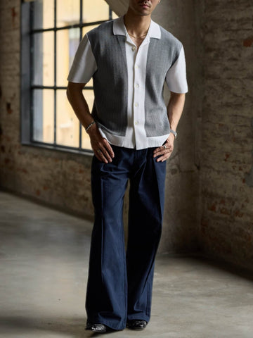 Men's Knitted Short-Sleeve Cardigan, Black & White Color-Blocked