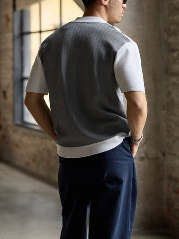 Men's Knitted Short-Sleeve Cardigan, Black & White Color-Blocked