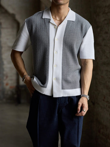 Men's Knitted Short-Sleeve Cardigan, Black & White Color-Blocked