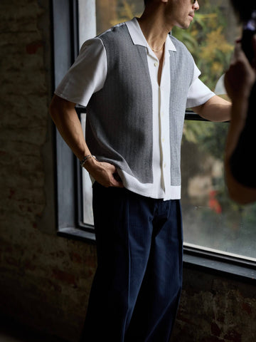 Men's Knitted Short-Sleeve Cardigan, Black & White Color-Blocked