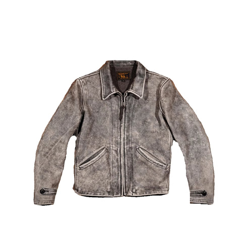 A distressed grey leather zip-front jacket with a point collar, brass back buckle adjusters, and two slanted hand pockets.