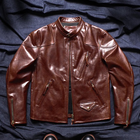 Men's 1900s Biker Leather Jacket, Burgundy