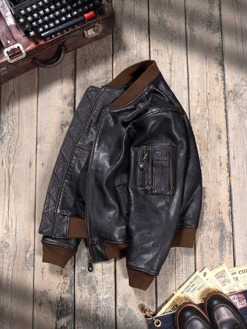 Men's MA-1 Bomber Leather Jacket, Teacore Cowhide