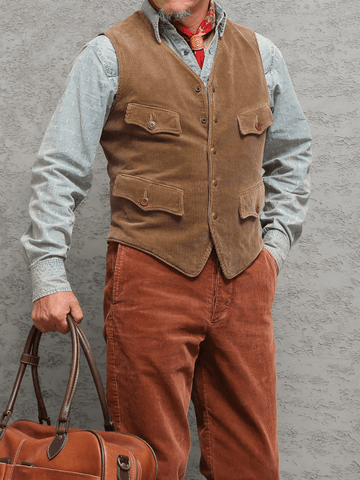 Men's V-neck Corduroy Western Vest, Camel