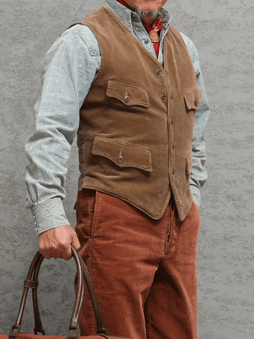 Men's V-neck Corduroy Western Vest, Camel