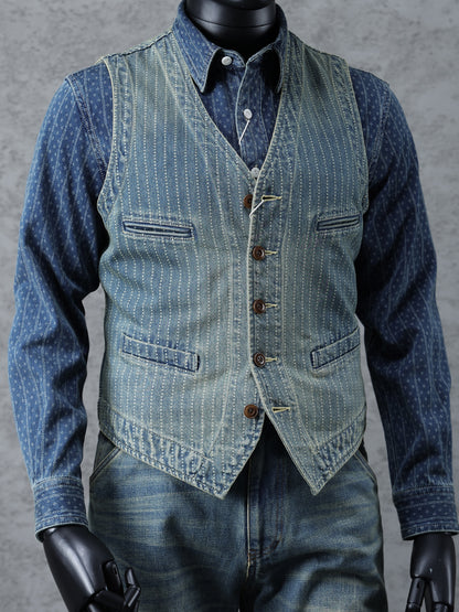 Gilet en denim bleu délavé à rayures pour homme