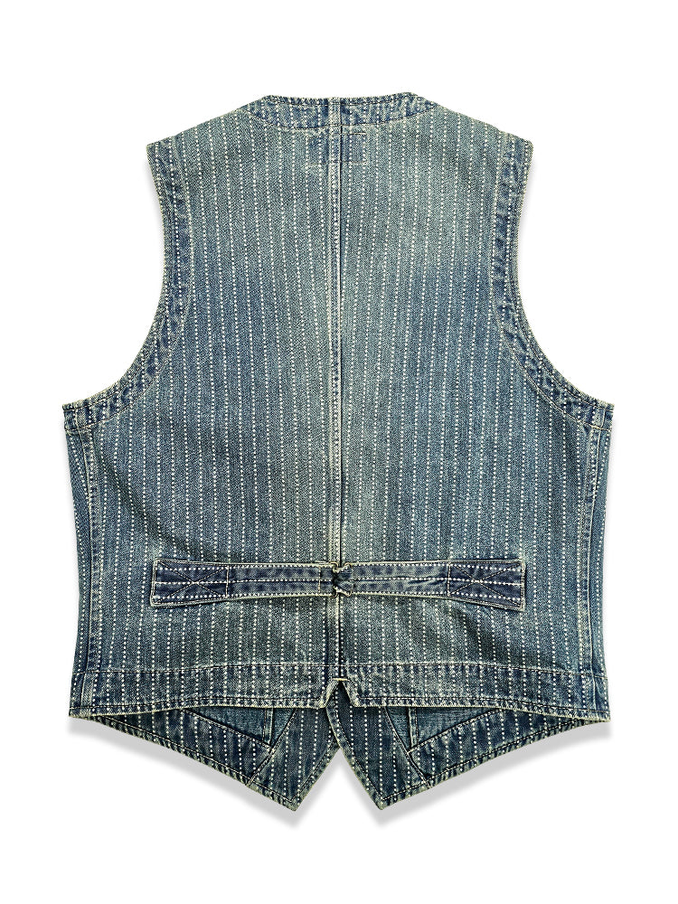 Gilet en denim bleu délavé à rayures pour homme