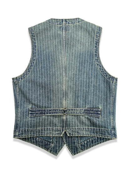 Gilet en denim bleu délavé à rayures pour homme