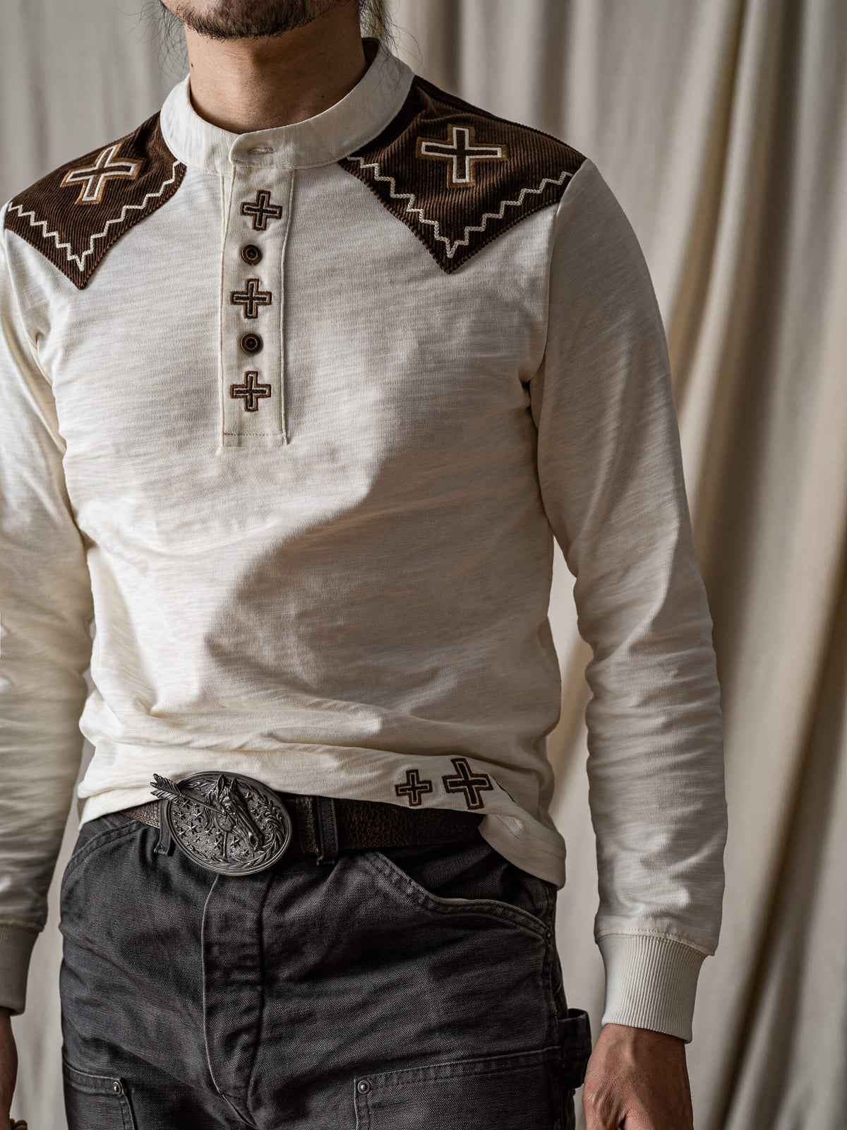 Men's Navajo Cross Embroidered Henley Shirt