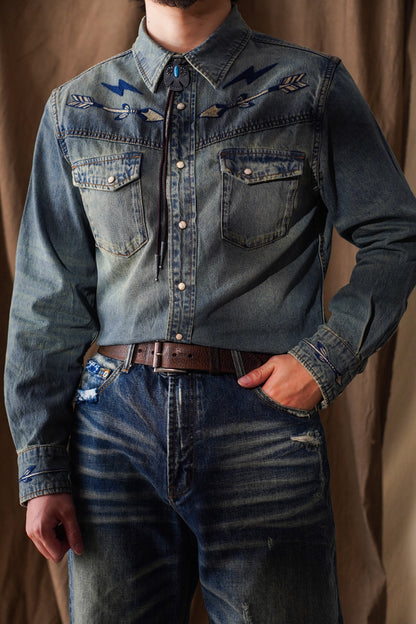 Chemise en jean western avec broderie Navajo pour homme