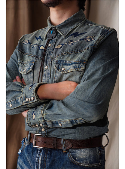 Chemise en jean western avec broderie Navajo pour homme