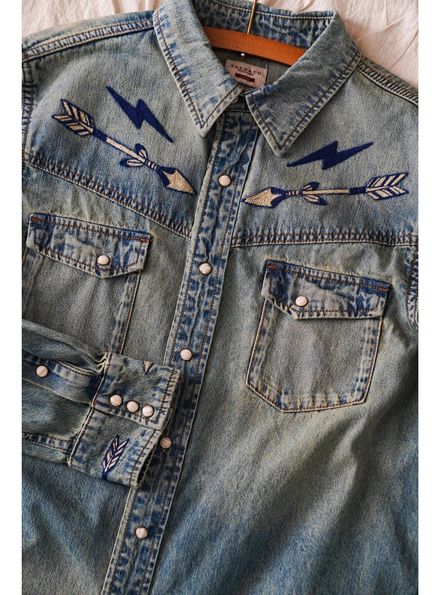 Men's Navajo Embroidery Western Denim Shirt