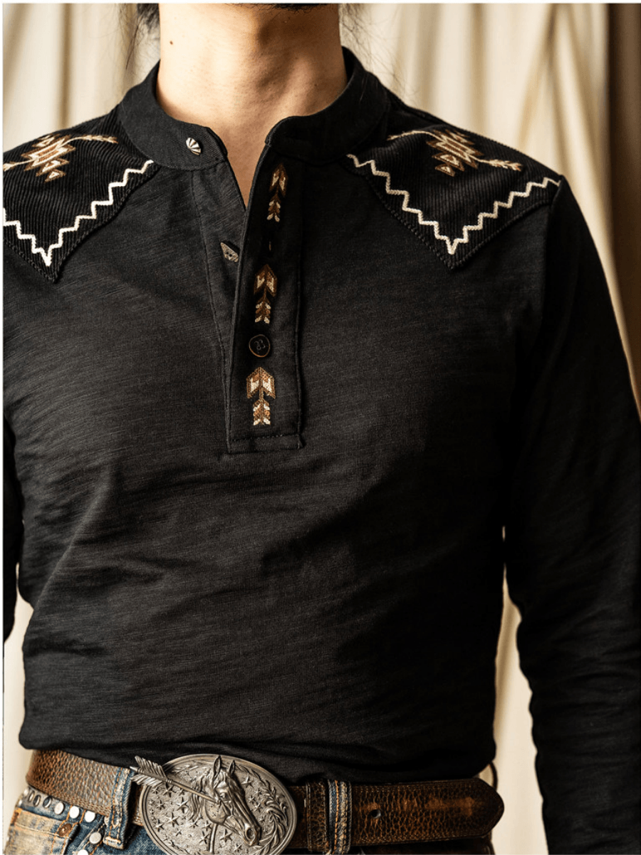 Men's Navajo Arrow Embroidered Henley Shirt