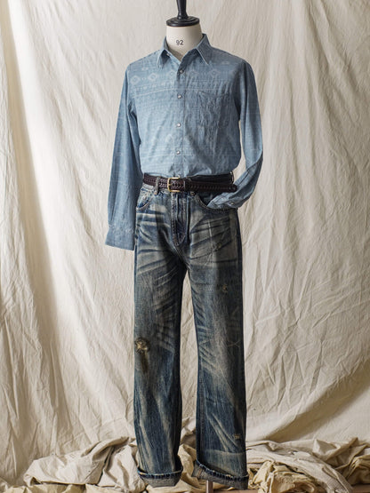 Men's Jacquard Western Denim Shirt