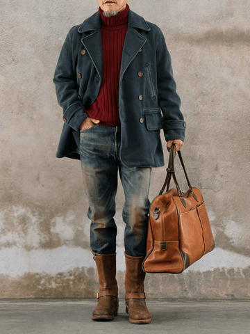 Men's Navy Double Breasted Sashiko Pea Coat