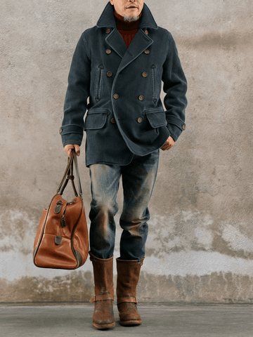 Men's Navy Double Breasted Sashiko Pea Coat