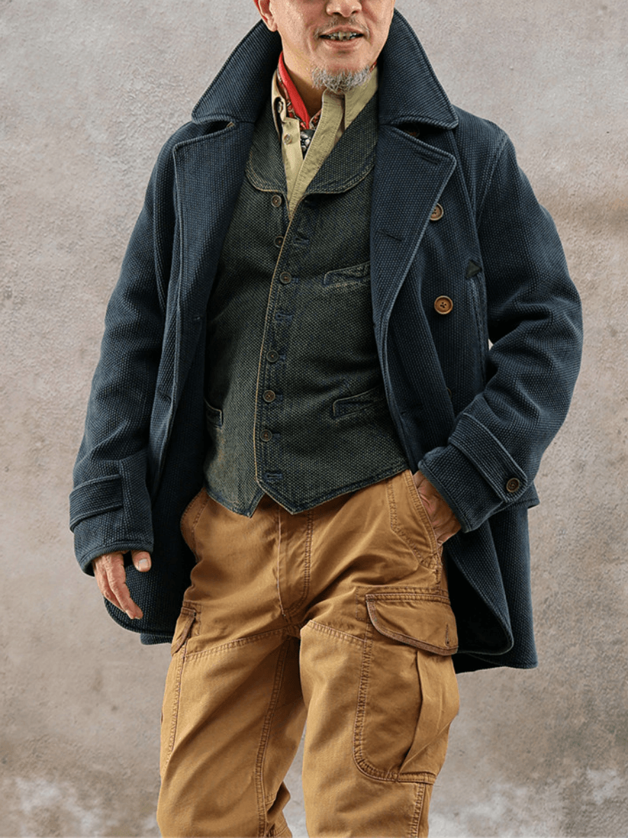 Men's Navy Double Breasted Sashiko Pea Coat