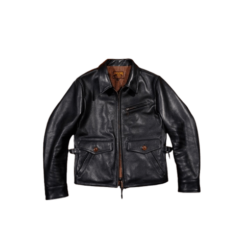 Men's 1930s newsboy leather jacket in black, crafted from cowhide with an open collar, front zipper closure, chest pocket, and side pockets.