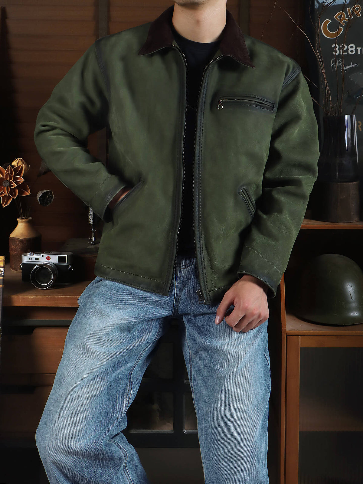 Men's Olive Detroit Leather Jacket