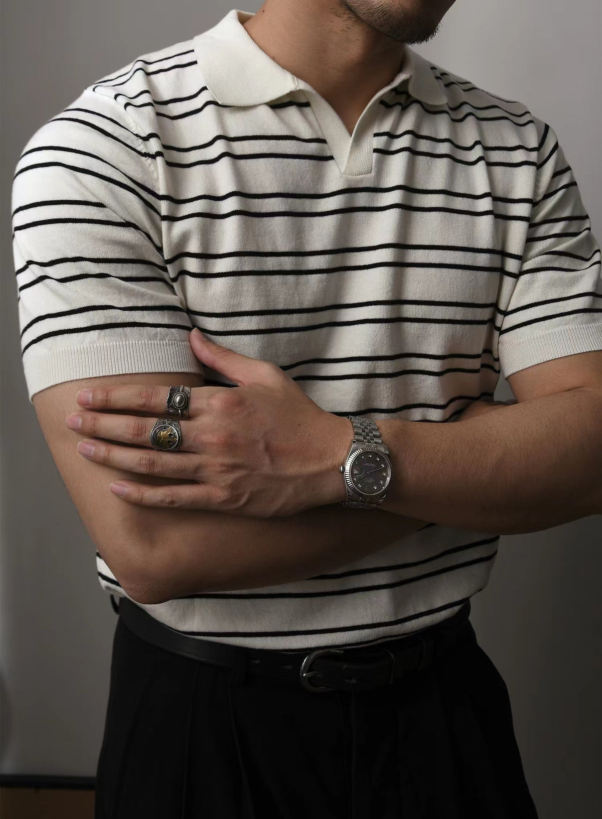 Men's Striped Johnny Collar Shirt