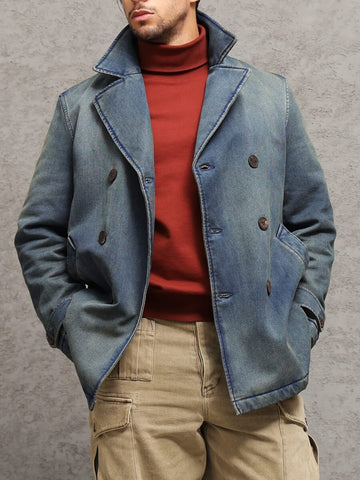 Men‘s Double Breased Denim Padded Pea Coat